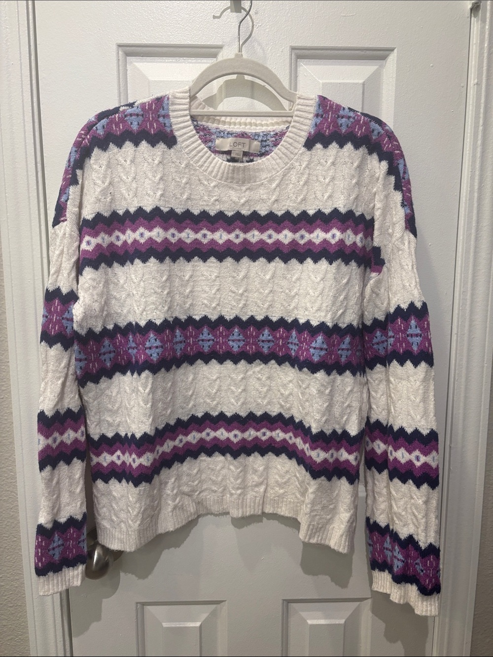 LOFT Cream Crewneck Sweater with Purple and Navy Fair Isle